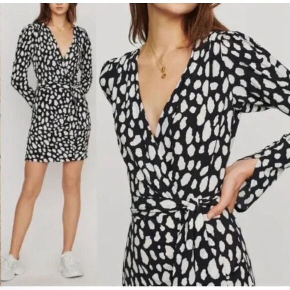 Maje Mini Dress Size 6 Rosima Black & White Ruched Wrap Front Long Sleeve NWT - Picture 1 of 16